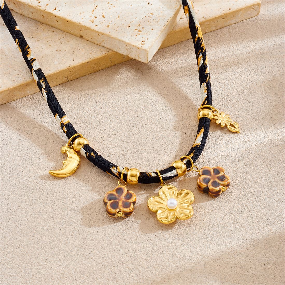 Vintage Gold Plated Stainless Steel Floral Moon Leopard Print Necklace
