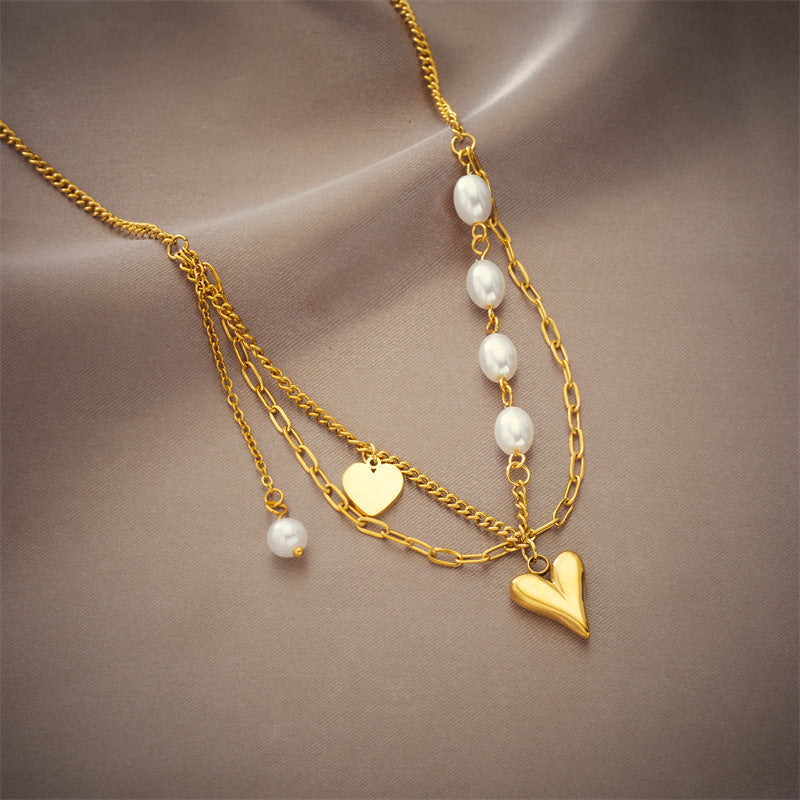 Irregular Chain Pearl Heart Pendant Stainless Steel Double Layer Necklace for Women