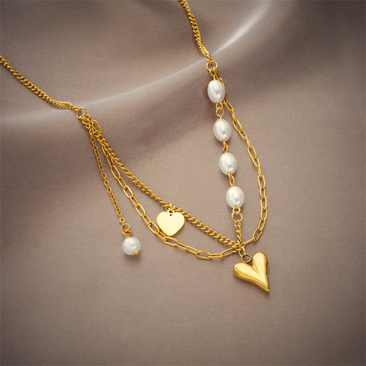 Irregular Chain Pearl Heart Pendant Stainless Steel Double Layer Necklace for Women
