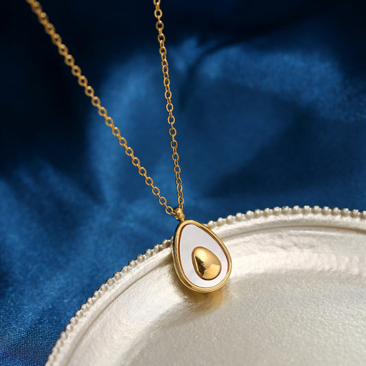 Minimalist Avocado Shell Pendant Necklace for Women in Titanium Steel with Gold Plating on Cross Chain