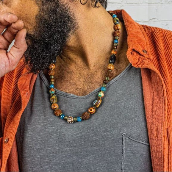 Vintage Ethnic Geometric Round Tiger Eye Stone Wood Beaded Alloy Necklace for Men and Women