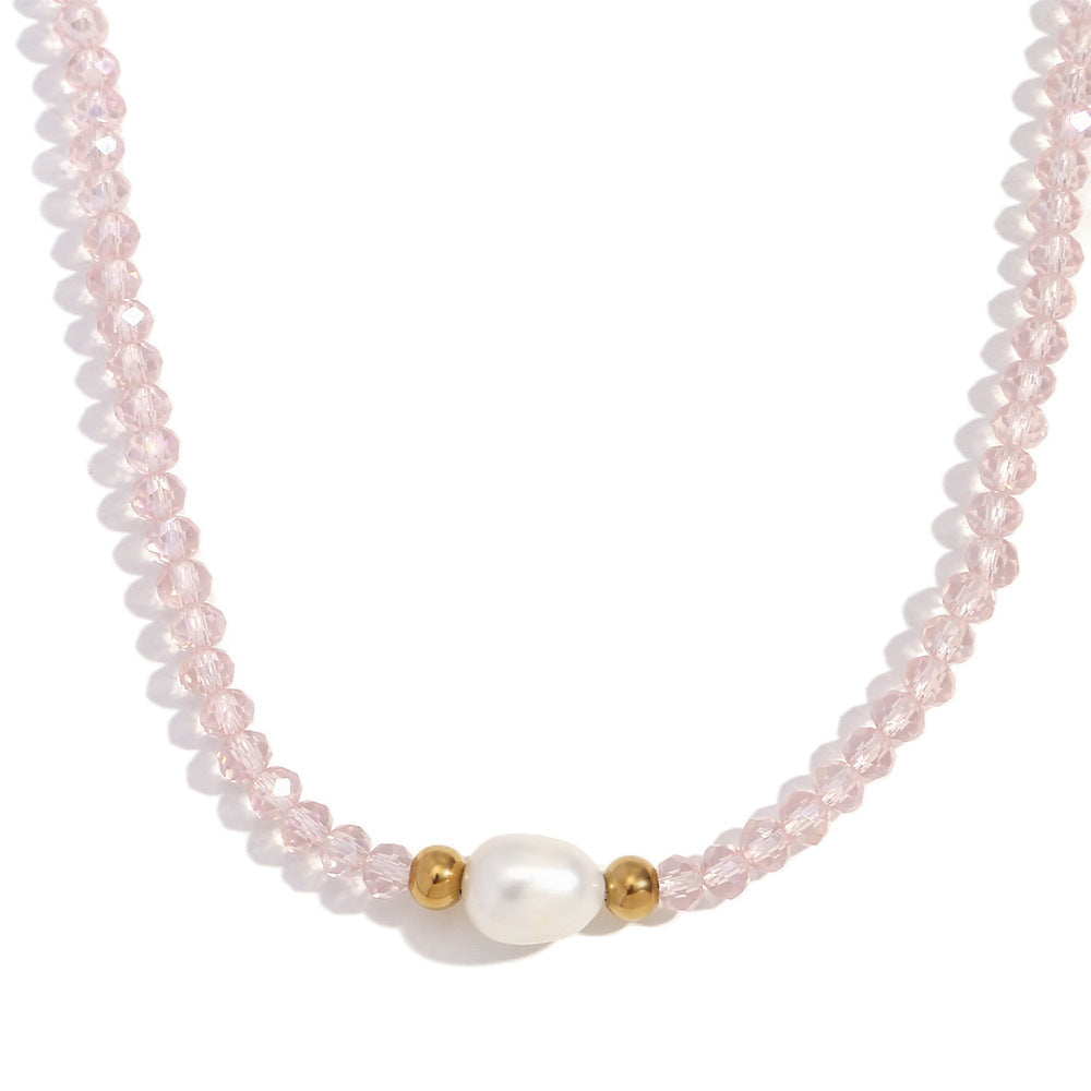 Collana con Pendente Geometrico Minimalista in Acciaio Inossidabile con Perla d'Acqua Dolce e Perle di Cristallo Viola da Donna