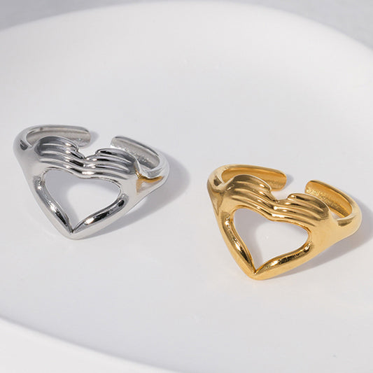 Minimalist Heart-Shaped Titanium Steel Open-End Ring for Women with Plated Finish and Creative Hip-Hop Design