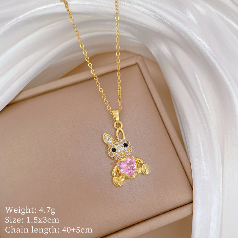 Sweet Elegant Geometric Rabbit Rhinestone Plated Titanium Steel Necklace and Earring Set for Women