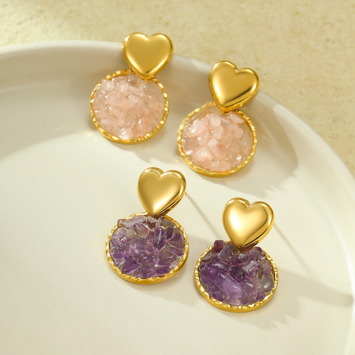 Pendientes Colgantes de Acero Inoxidable con Forma de Corazón Estilo Vintage, Incrustaciones de Piedras Naturales y Baño de Oro