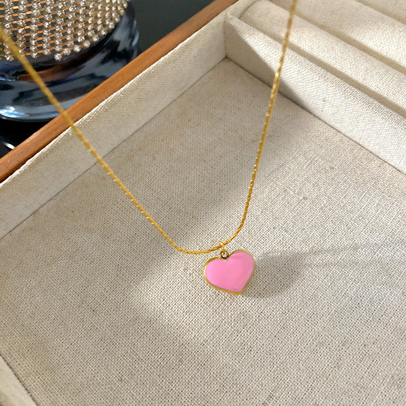 Sweet Streetwear Pink Blue Two-Tone Heart Titanium Steel Plated Necklace for Unisex