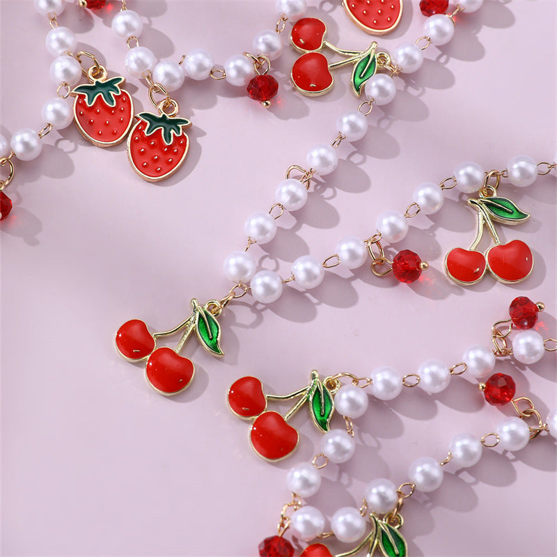 Set di Collana Minimalista a Forma di Fiocco in Resina con Perline a Ciliegia e Cuore per Ragazze, Gioielli Dolci Ispirati alle Perle