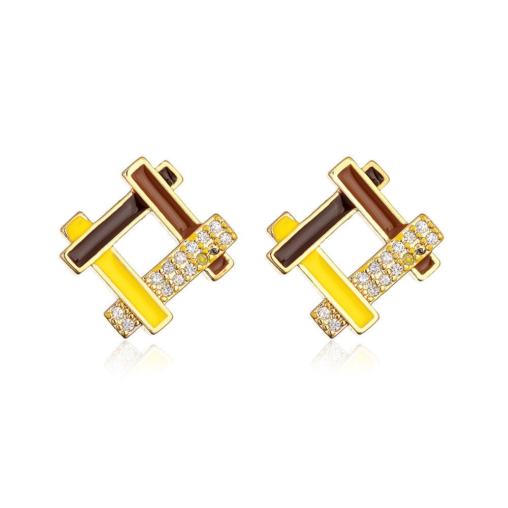 Minimalist Geometric Copper Earrings with 18K Gold Plating and Enamel Finish for Women