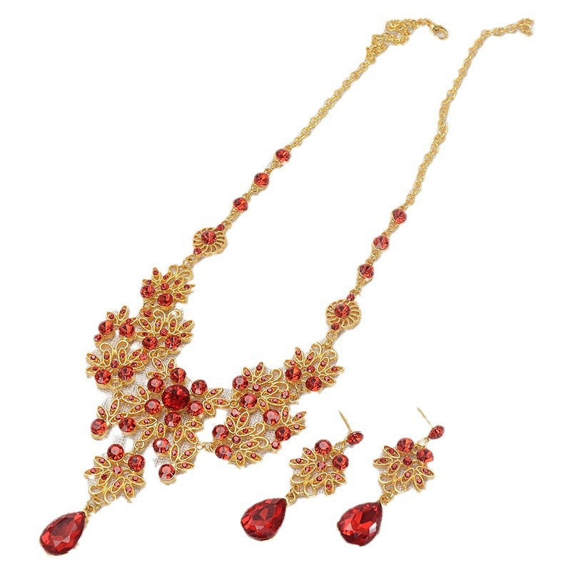 Parure di collana e orecchini lussuosa ed elegante con strass floreali placcati in lega, per donna, gioielli da sposa