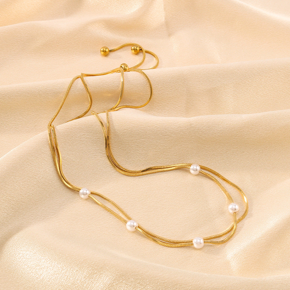 Minimalist Double-Layer Stainless Steel Necklace with 18K Gold-Plated Round Pendant and Adjustable Pearl Accent on O-Chain