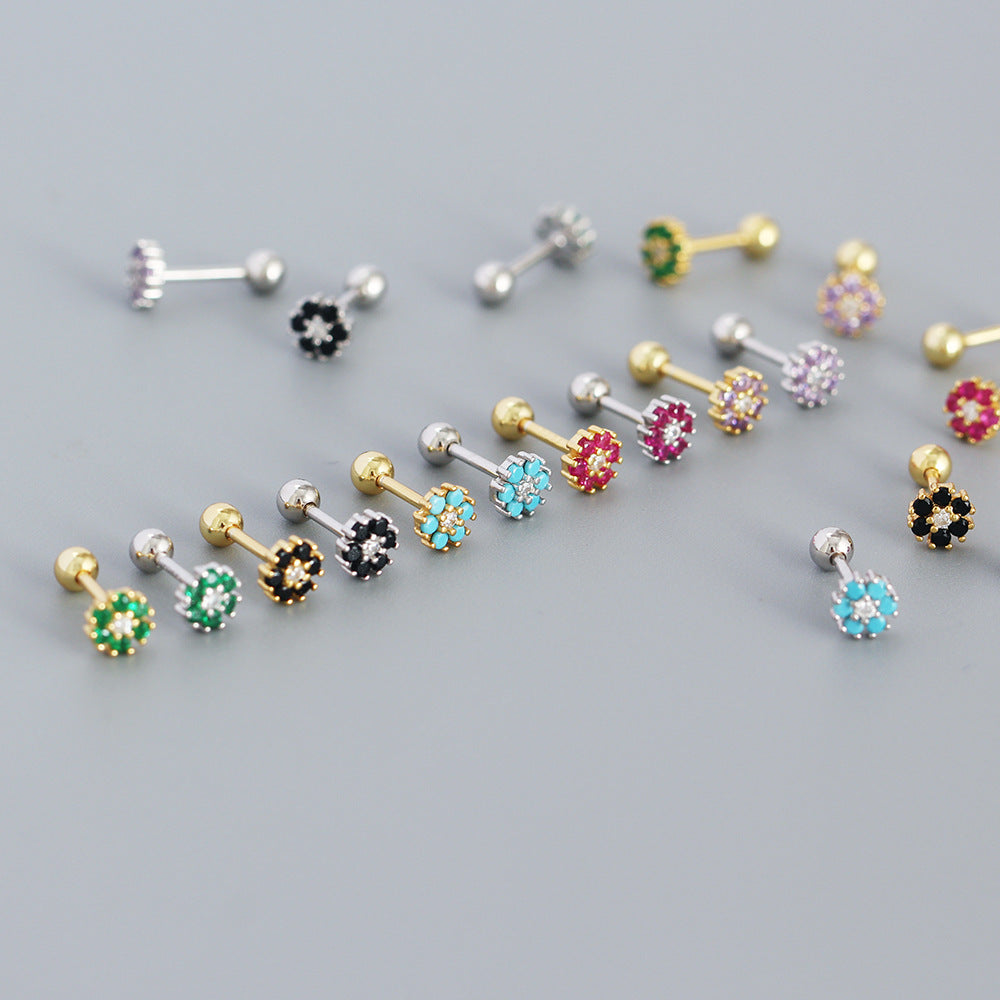 Pendientes minimalistas de plata de ley 925 con incrustaciones florales de circonita cúbica