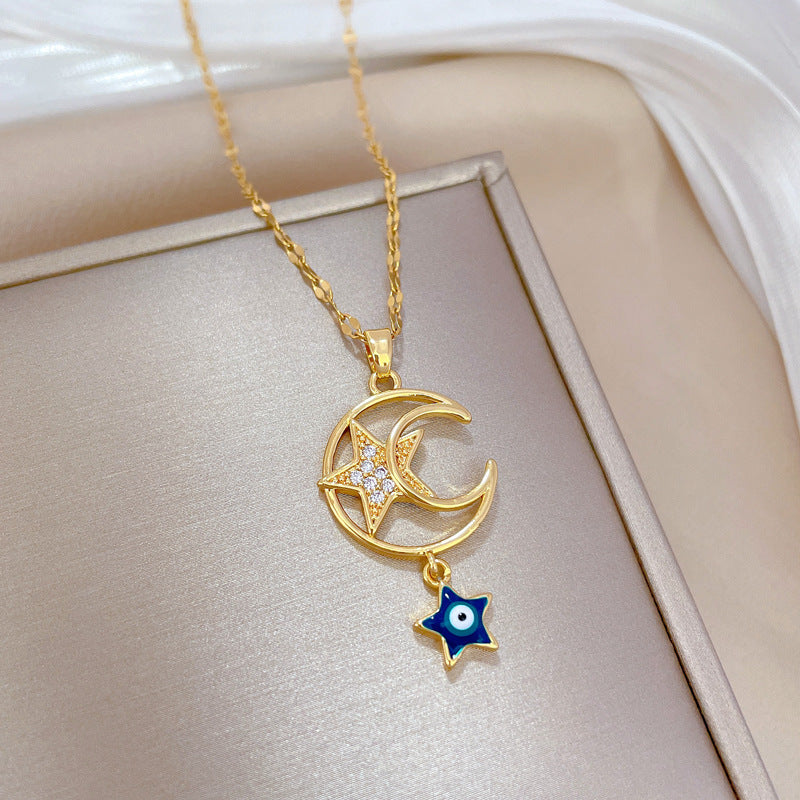 Minimalist Star and Moon Pendant Necklace for Women in Stainless Steel with Plated Finish, Delicate Clavicle Chain