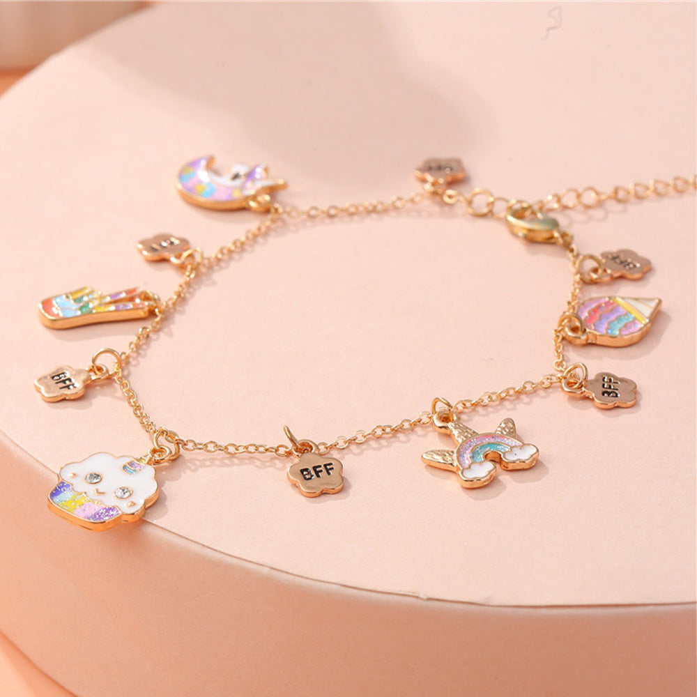 Cartoon Style Cloud Rainbow Unicorn Charm Bracelet for Kids in Alloy with Enamel Finish and Rhinestone Inlay