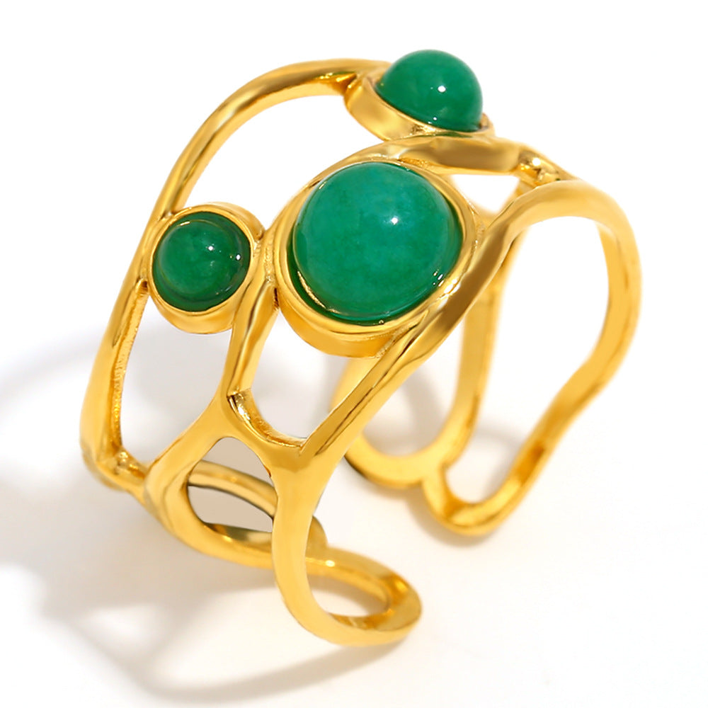 Fashionable Geometric Stainless Steel Ring with 18K Gold Plating and Emerald Accent for Women