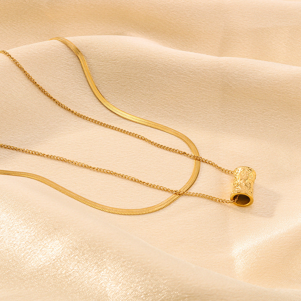 Minimalist Geometric Hollow Cylinder Pendant Necklace in Titanium Steel with 18K Gold Plating on Snake Chain