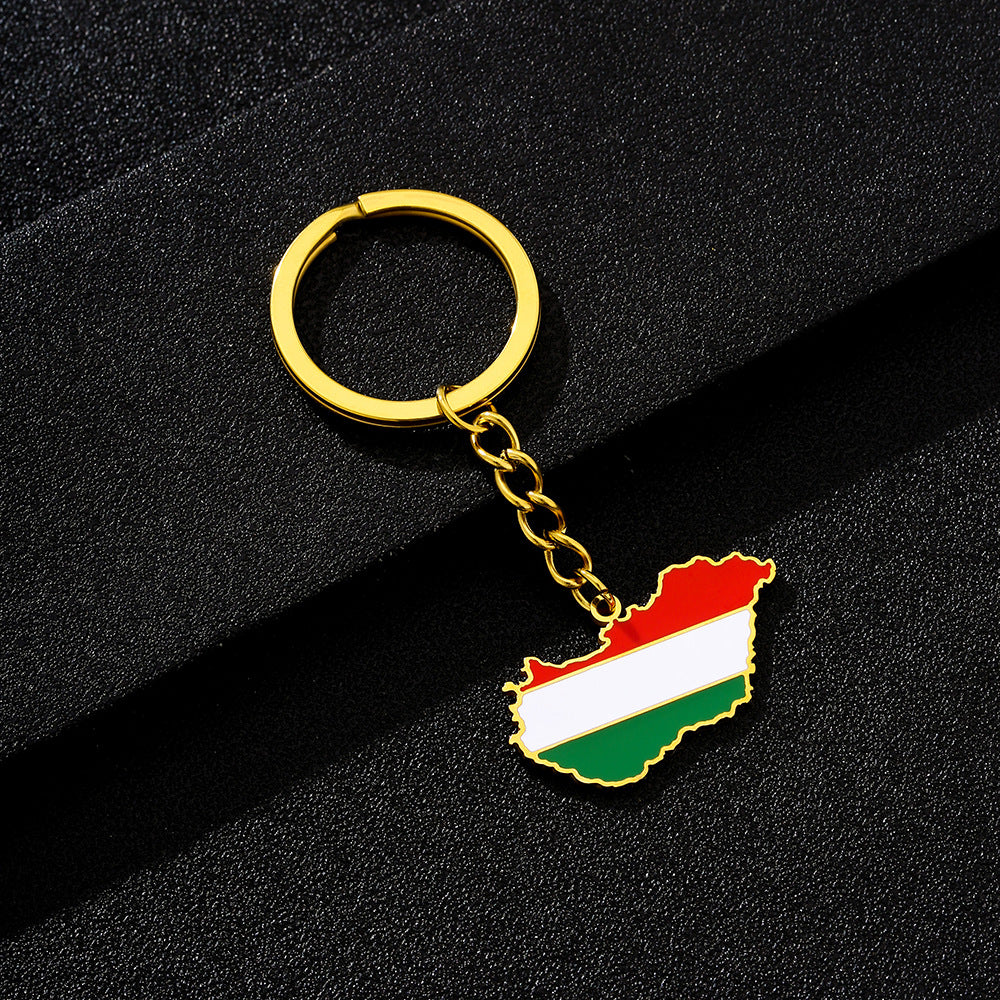 Llavero colgante de resina estilo étnico con la bandera de Hungría en acero de titanio para hombres y mujeres