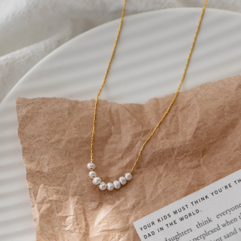 Minimalist Smile Pendant Titanium Steel Necklace with Eight Pearls for Women Short Clavicle Chain