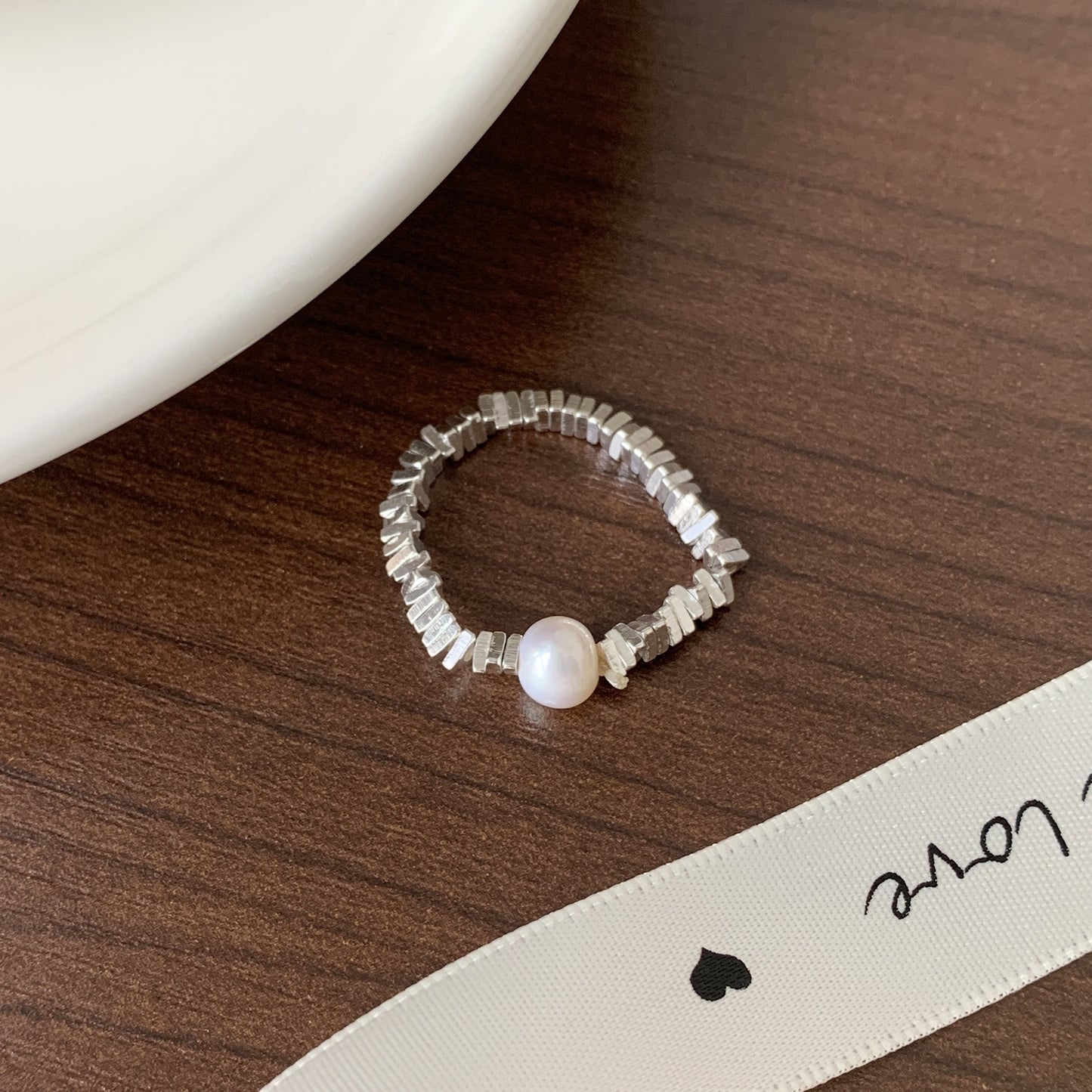 Minimalist Heart-Shaped 925 Sterling Silver Adjustable Ring with Faceted Square Beads and Pearl Accent