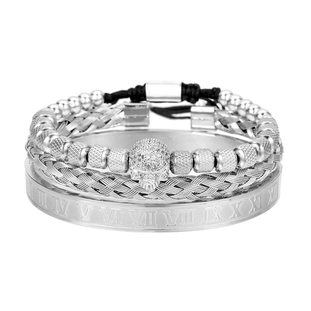 Personalized Double Leopard Head Black Agate Micro-set Cubic Zirconia Brass Stainless Steel Bracelet Set