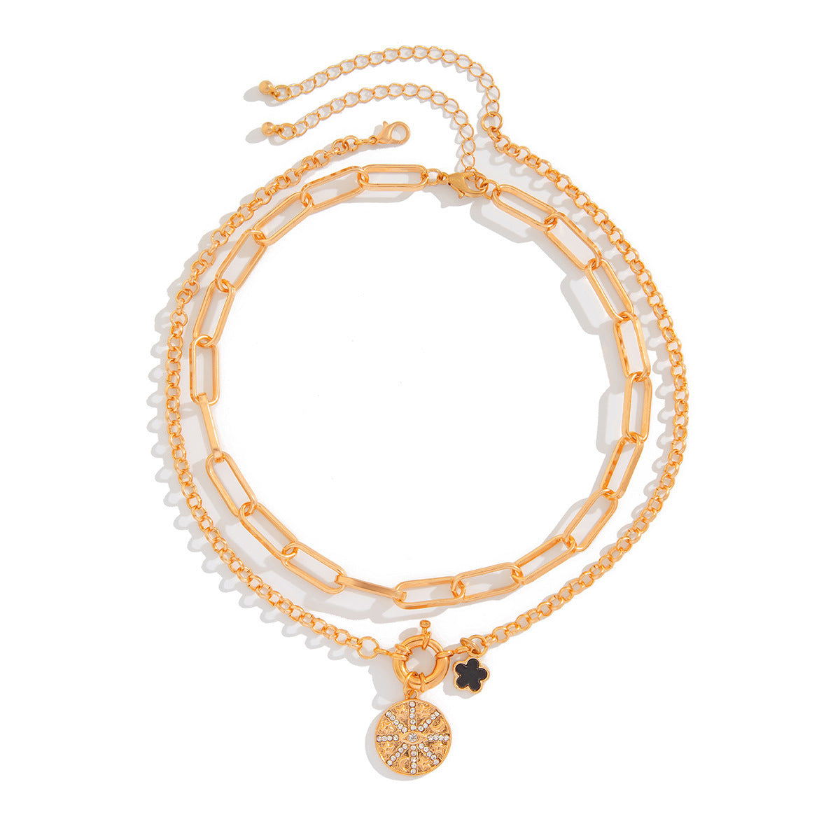 Collana con fiore a cinque petali geometrico stile Hip Hop con micro-pavé a stella, ciondolo in lega galvanizzata su catena con chiusura a moschettone in metallo