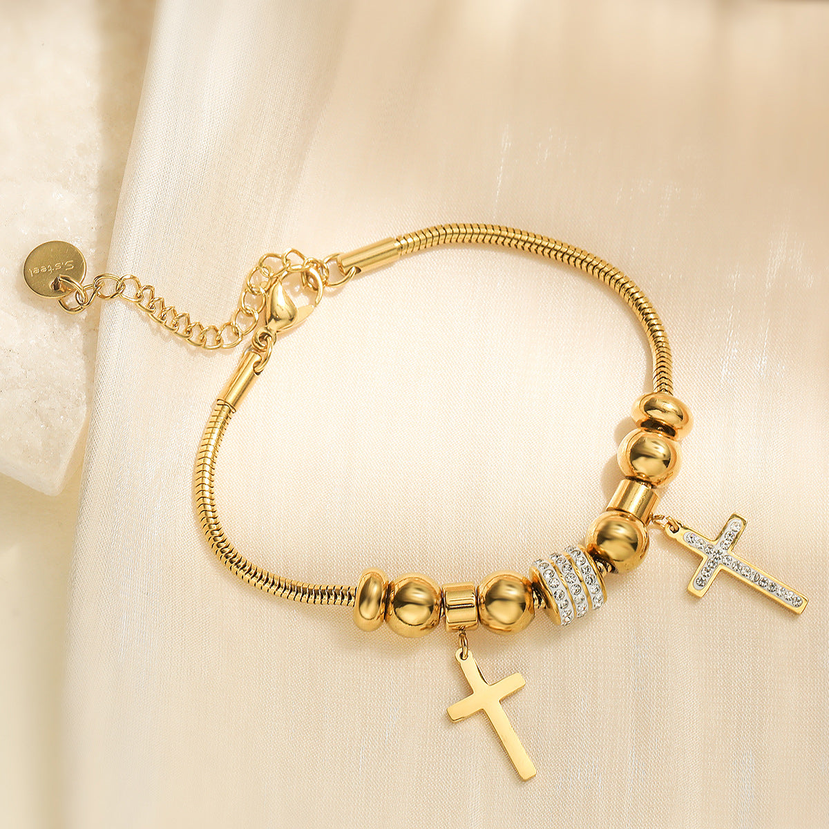 18K Gold Plated Stainless Steel Cross Bracelet with Cubic Zirconia for Women