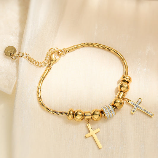 18K Gold Plated Stainless Steel Cross Bracelet with Cubic Zirconia for Women