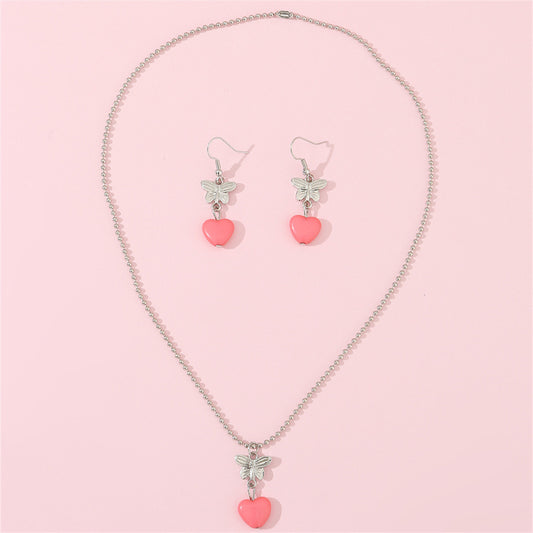 Cute Butterfly and Heart-Shaped Resin Pendant Necklace Set with Beaded Chain for Kids