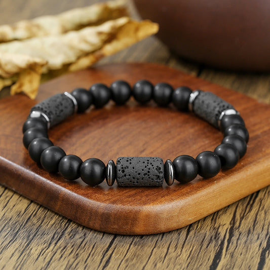 Vintage Minimalist Matte Volcanic Stone Cylinder Bead Bracelet for Men and Women