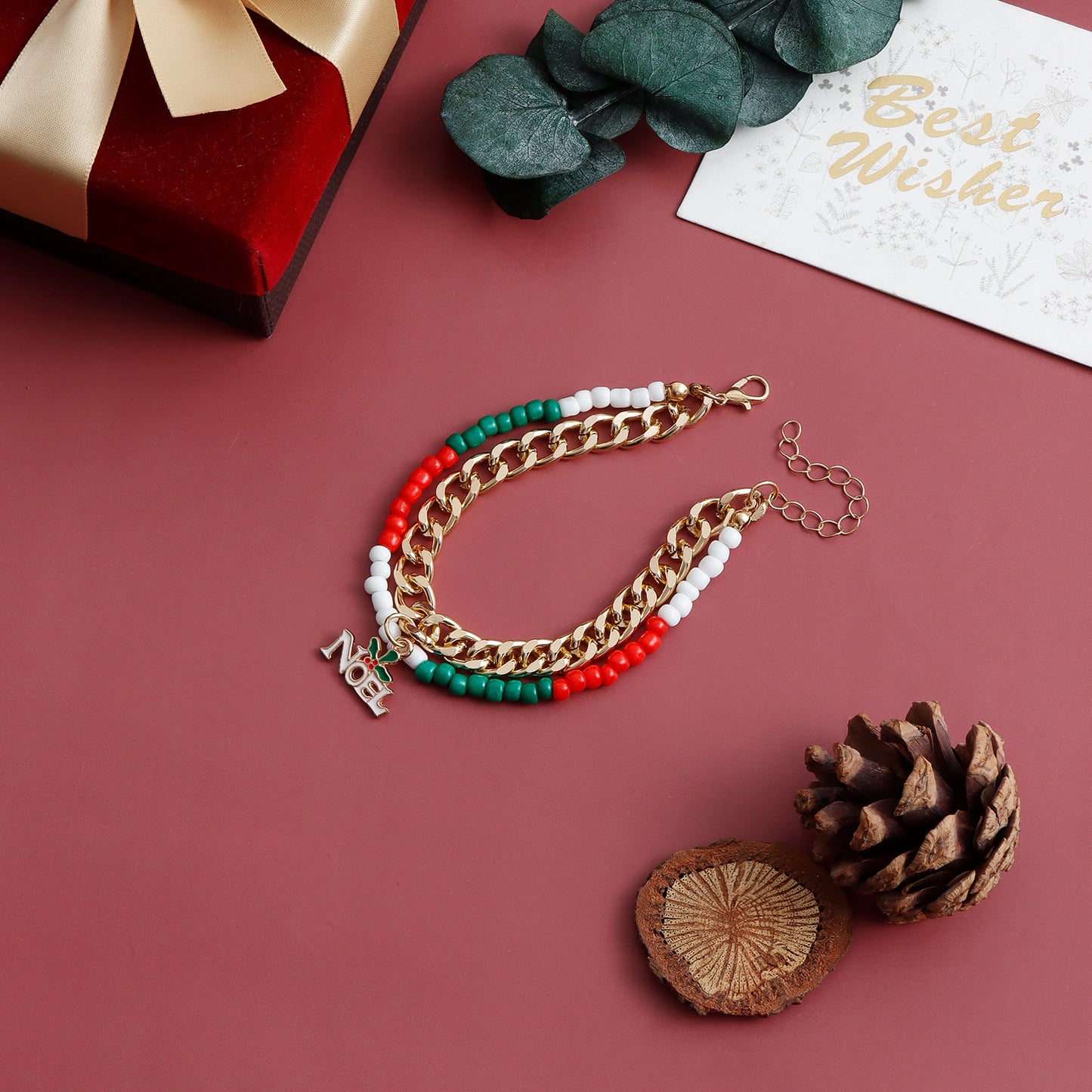 Minimalist Creative Double-Layer Bracelet for Women with Alloy Deer and Letter Pendant, Electroplated Finish, Christmas and New Year Themed