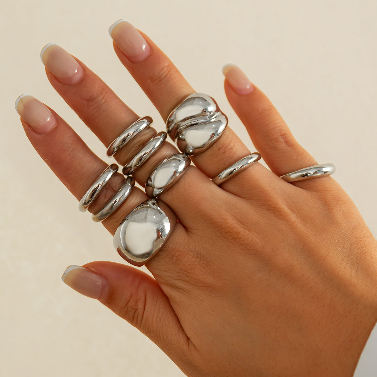 Hip-hop Geometric Plated Zinc Alloy Irregular Double-layer Ring Set for Women
