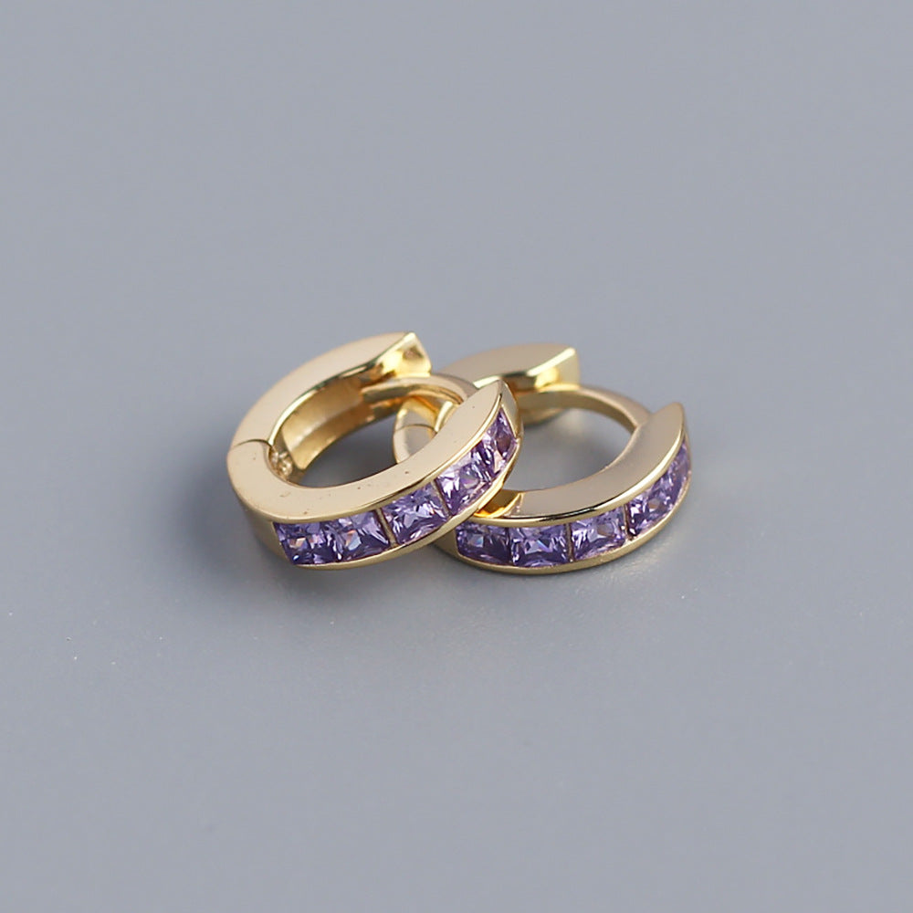Minimalist 925 Sterling Silver Square Geometric Cubic Zirconia Inlay Hoop Earrings