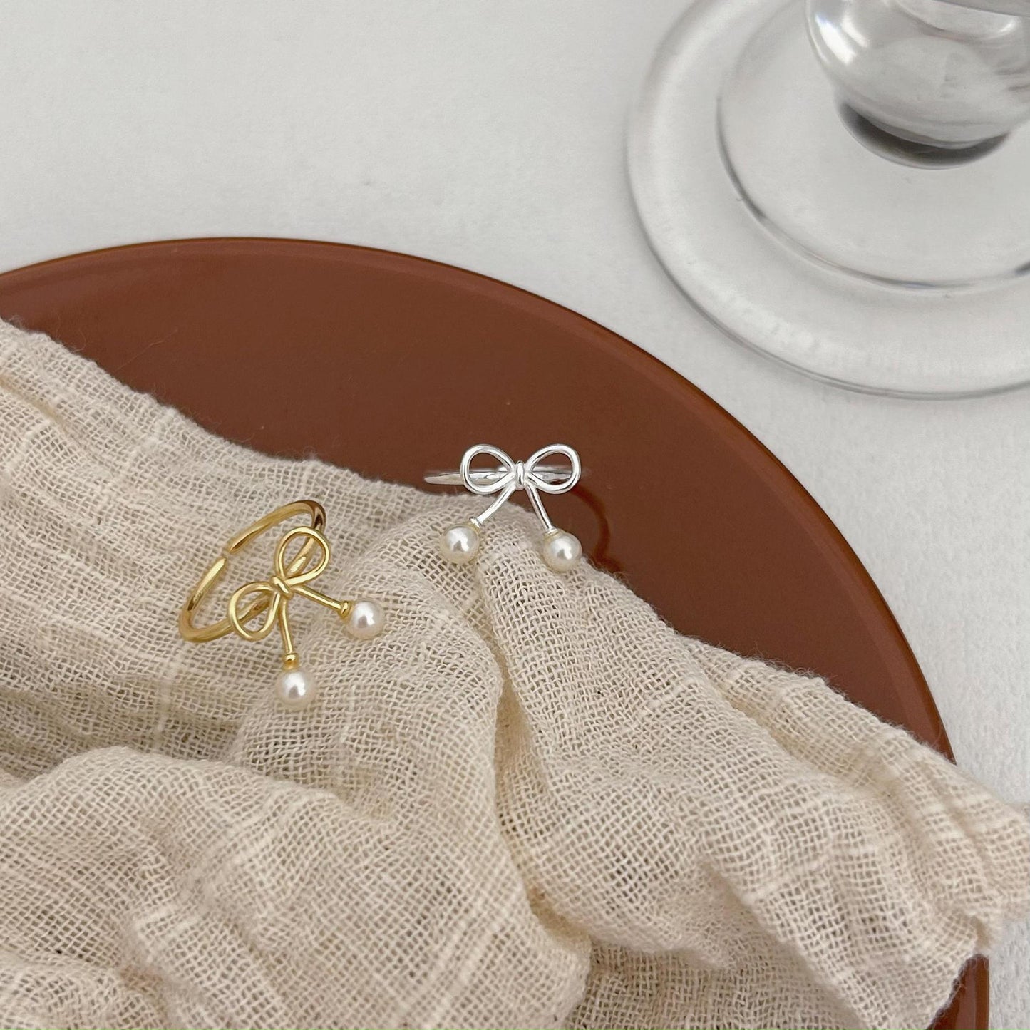Minimalist Sweet 925 Sterling Silver Bow Ring with Pearl Inlay Plated Finish for Women