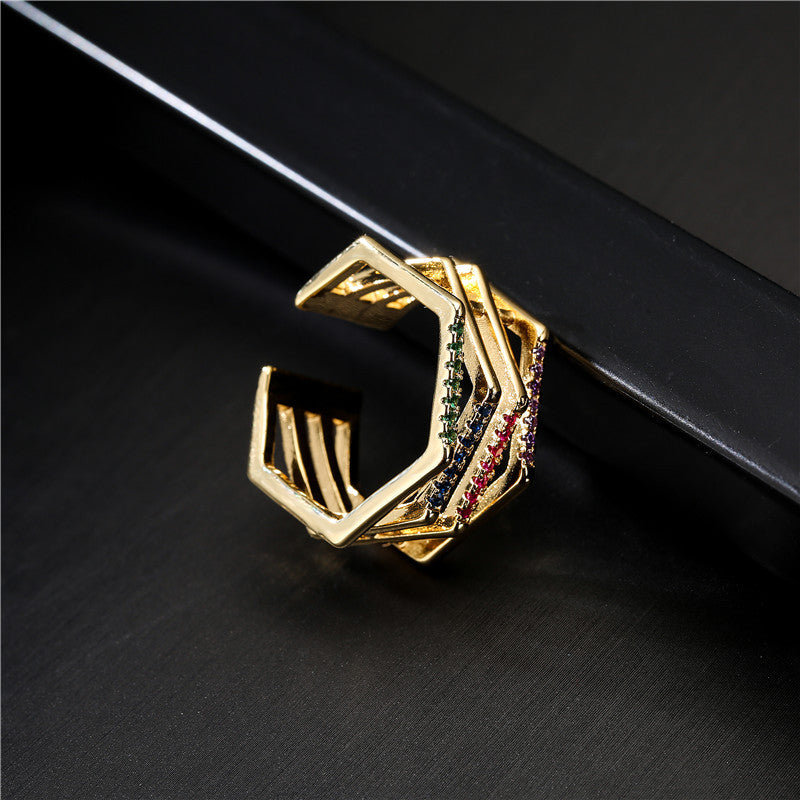 Anello Aperto Geometrico da Donna in Rame con Placcatura in Oro 18K e Dettagli in Zirconia Micro-Pave