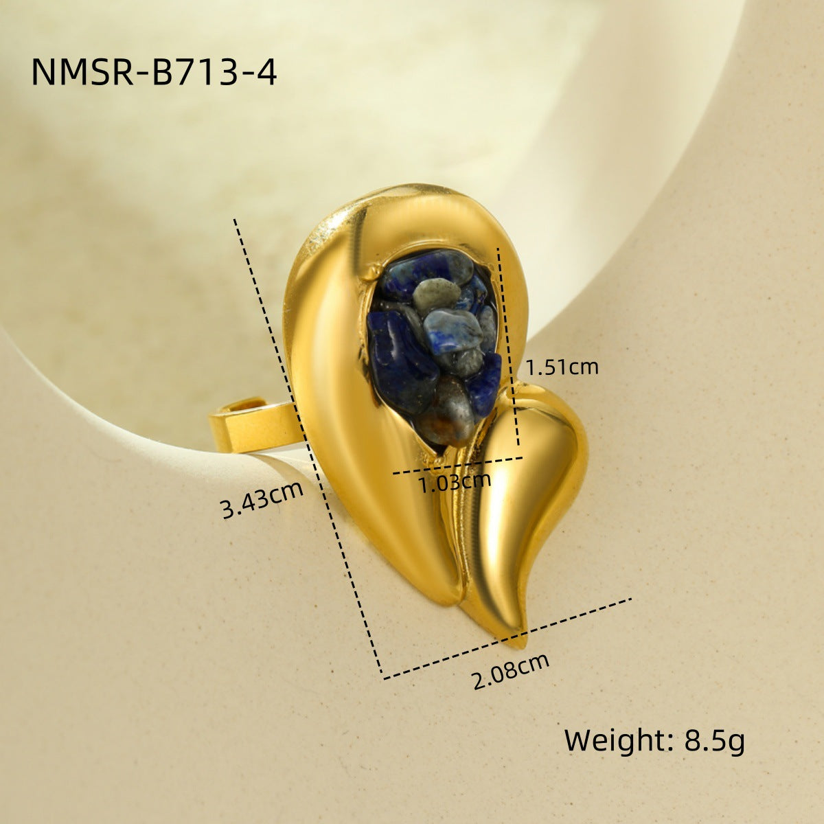 Vintage Oversized Stainless Steel Double-Layer Water-Drop Shaped Ring with Natural Stone Inlay and Plated Finish for Women