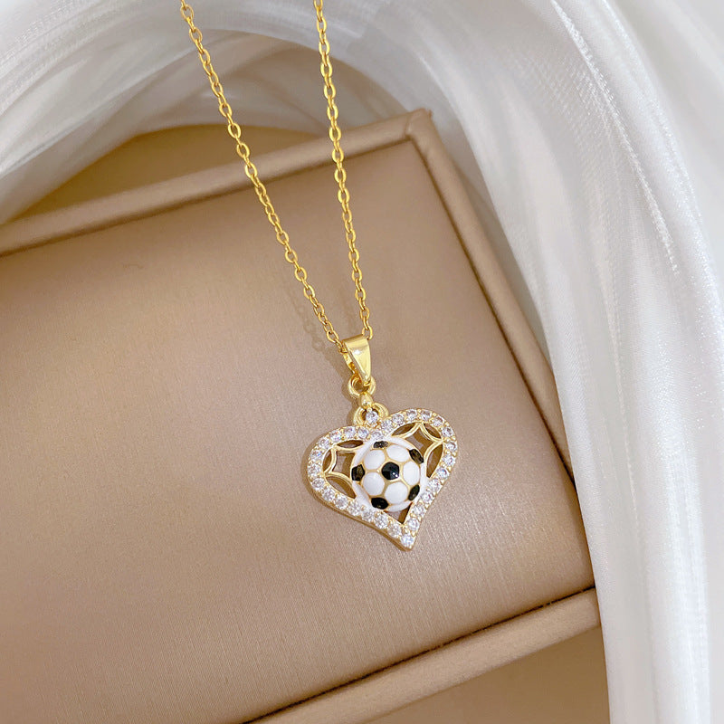 Sweet Sporty Heart Geometric Rhinestone Plated Titanium Steel Necklace with Cable Chain for Unisex