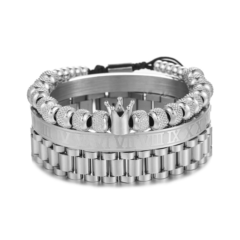 Crown Shape Cubic Zirconia Inlay Stainless Steel Rope Chain Bracelet Set for Unisex