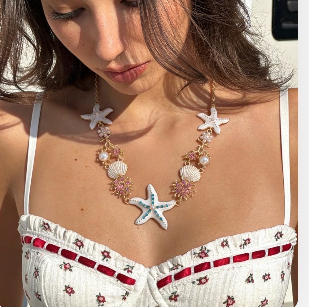 Casual Colorful Tassel Starfish Pearl Geometric Alloy Plated Necklace for Women