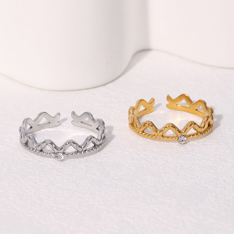 Minimalist Geometric Stainless Steel Open Ring for Women with Rhinestone Inlay and Plated Finish