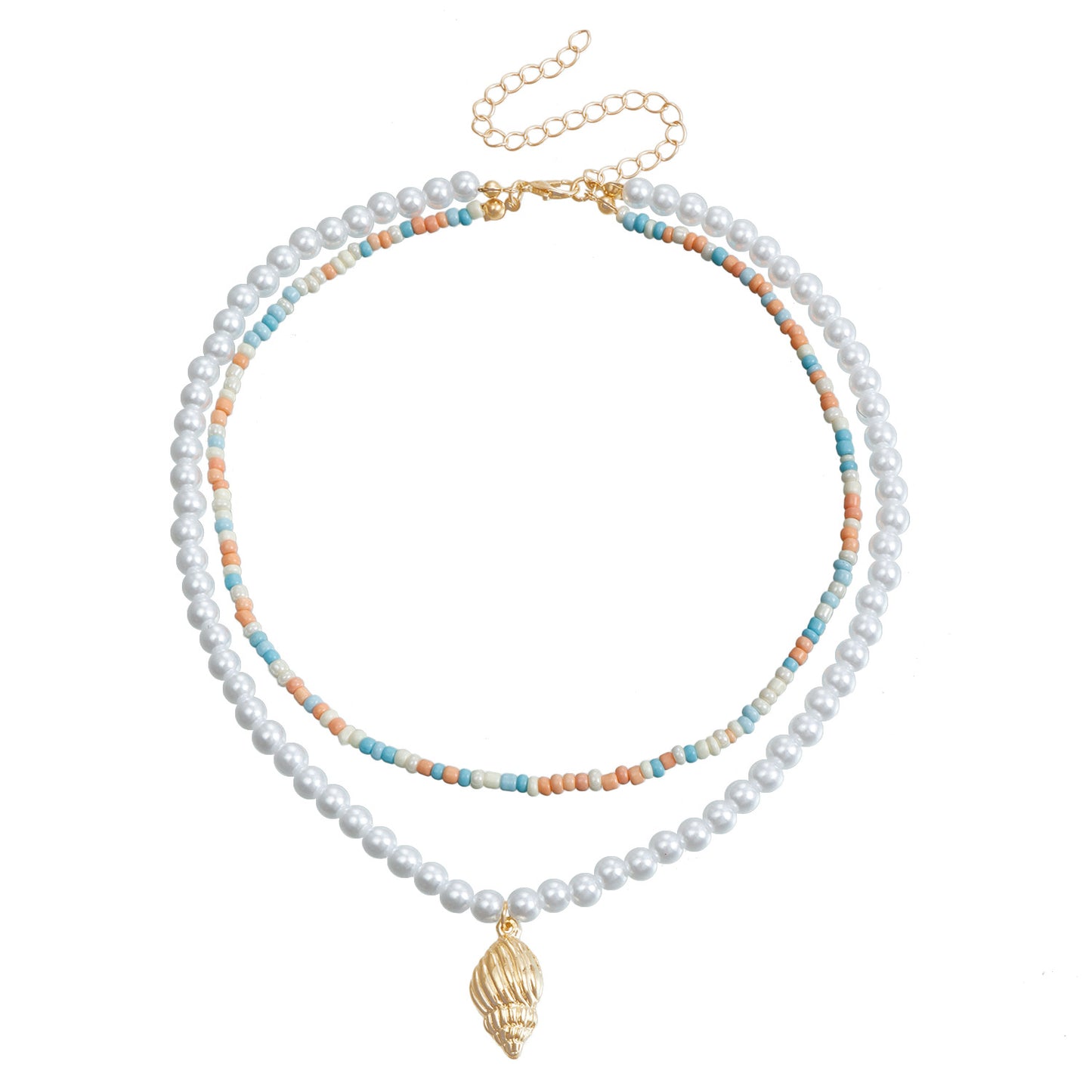 Bohemian Colorful Beaded Imitation Pearl Double Layer Shell Pendant Necklace for Women