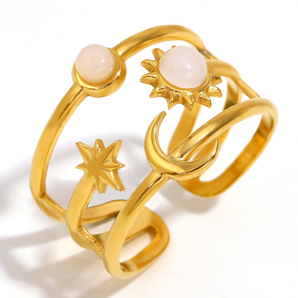 Elegant Moon and Sun Open Ring in Stainless Steel with 18K Gold Plating Geometric Design for Women