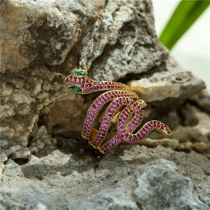 INS Style Geometric Snake Shape Copper Ring with Micro-Pave Zirconia and 18K Gold Plating