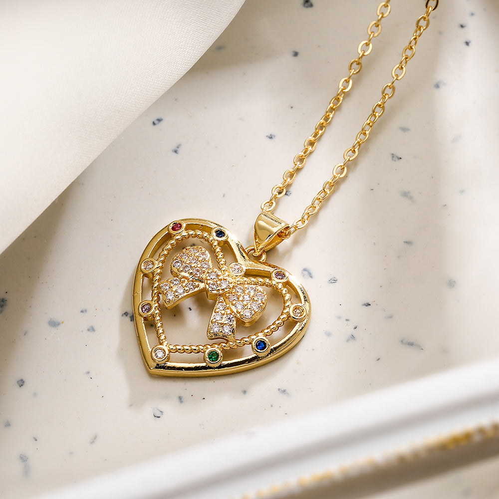 Minimalist Bowknot Tree of Life Heart Pendant Necklace for Women in Copper with Gold Plating and Zircon Inlay