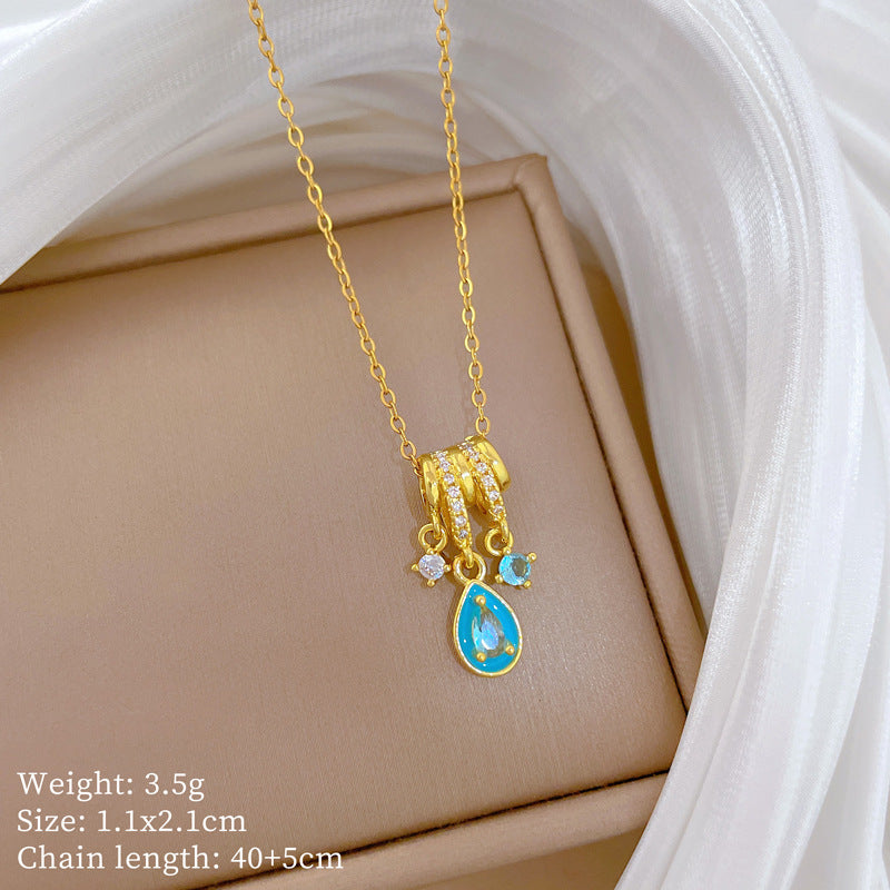 Sweet Minimalist Teardrop Geometric Rhinestone Pendant Titanium Steel Necklace for Unisex