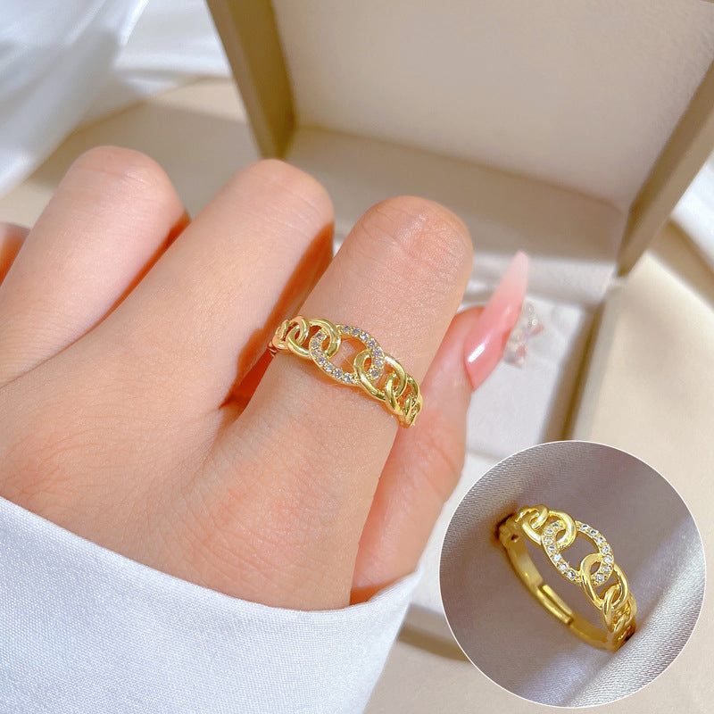 Geometric Rhinestone Ring for Women Plated Brass Minimalist Open Band