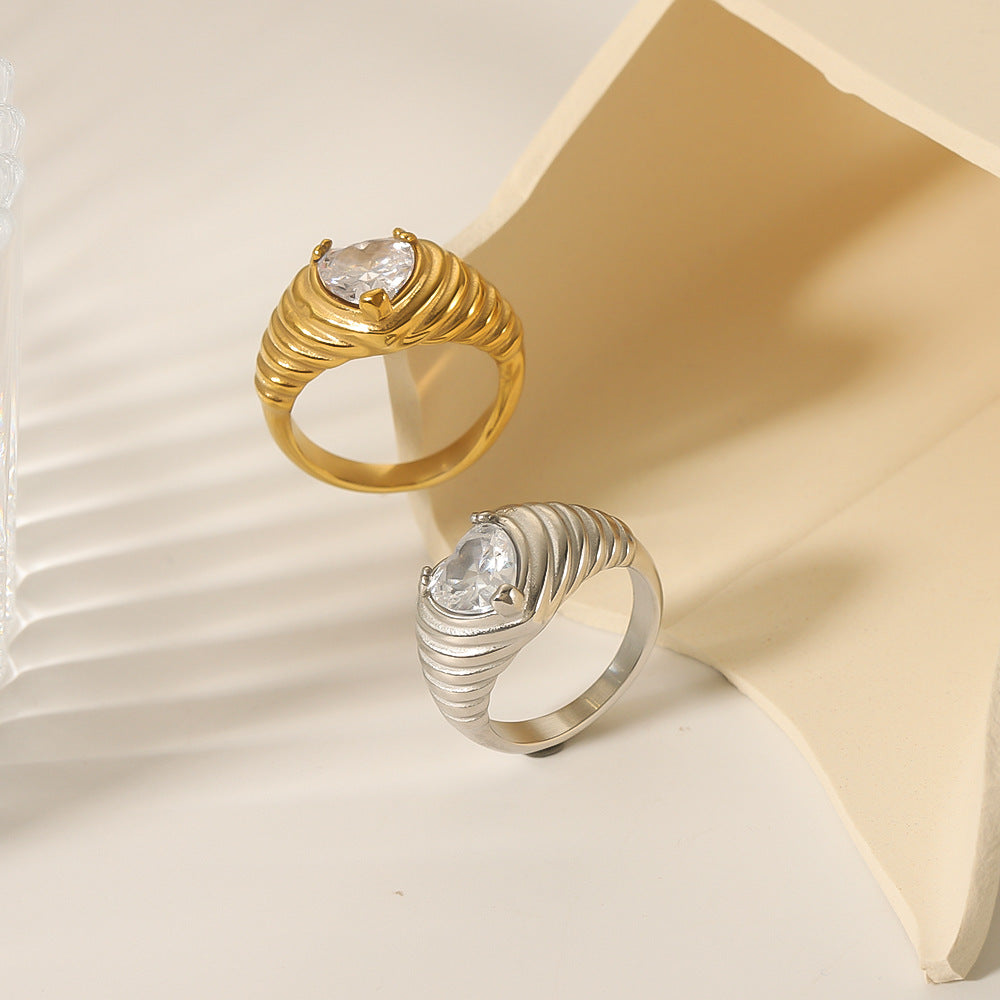 Minimalist Heart-Shaped Stainless Steel Ring with White Zirconia Inlay and 18K Gold Plating for Women