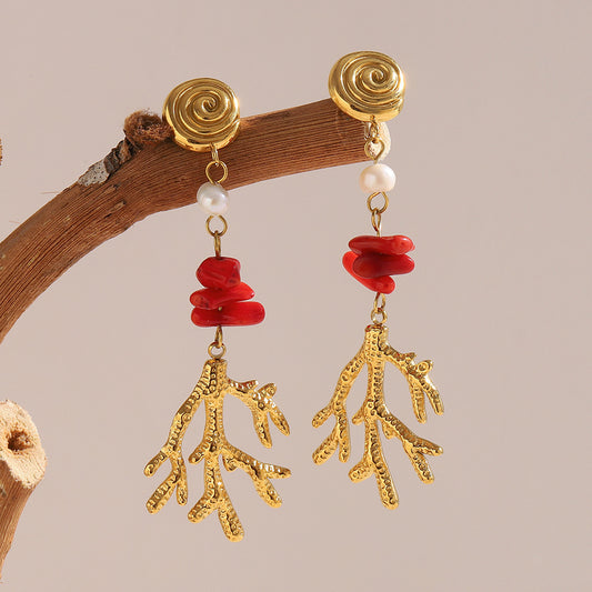 Vintage Style Floral Coral Branch Pendant Stud Earrings in Stainless Steel with 18K Gold Plating