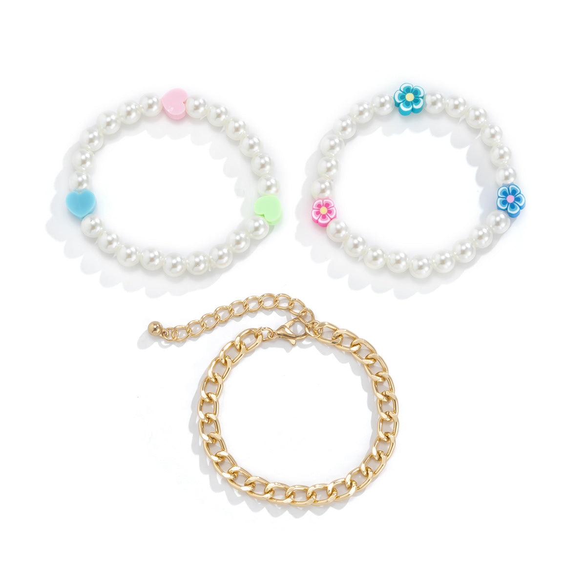 Bracciale da donna in resina a forma di cuore floreale vintage con catena effetto perla