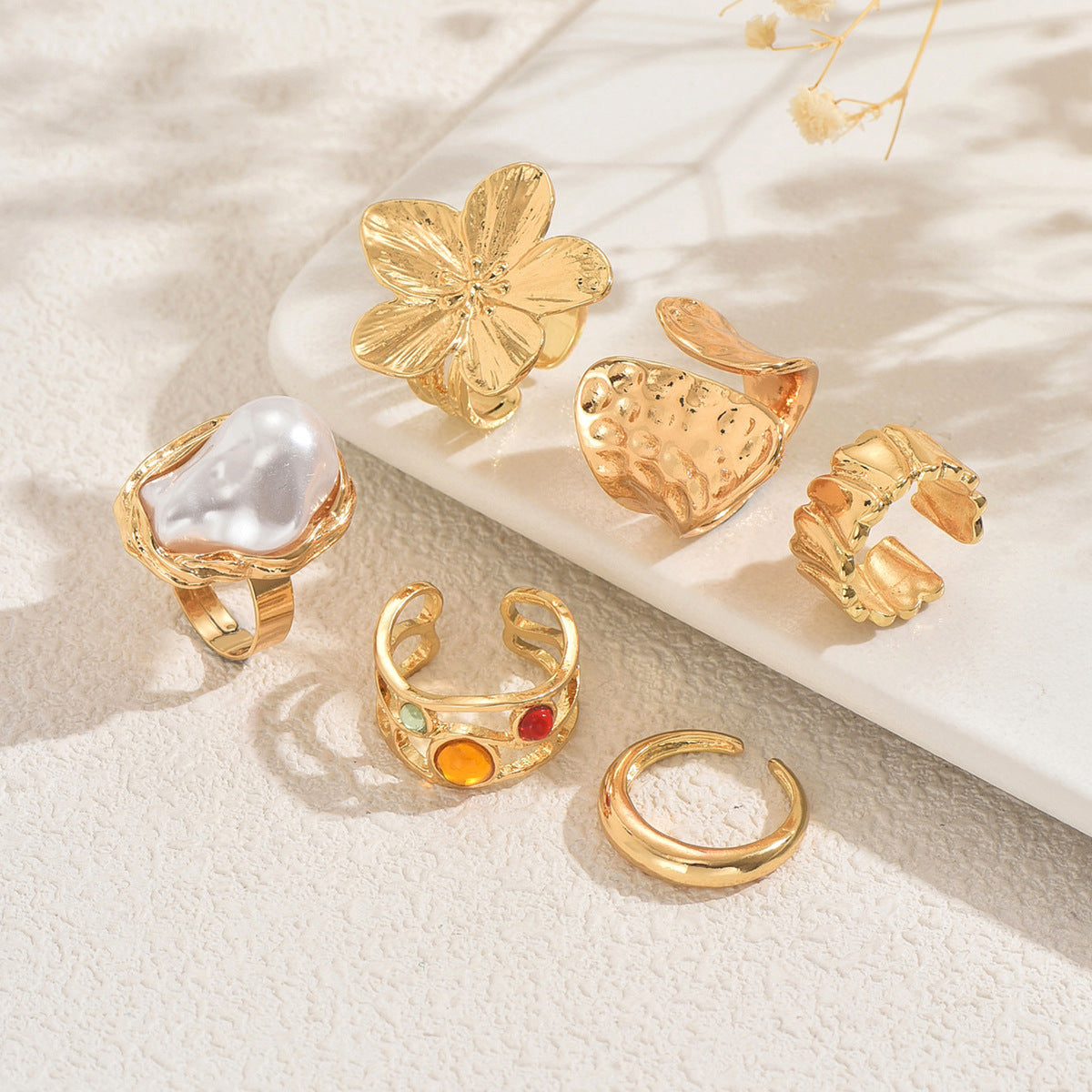 Set di anelli aperti da donna minimalistici floreali geometrici in lega di zinco con perle a micro-pavé