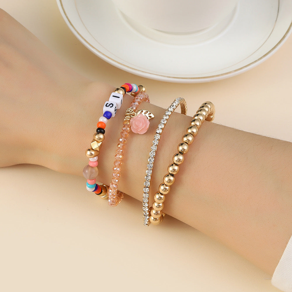 Minimalist Colorful Glass Bead Letter Dice and Rose Elastic Bracelet Set