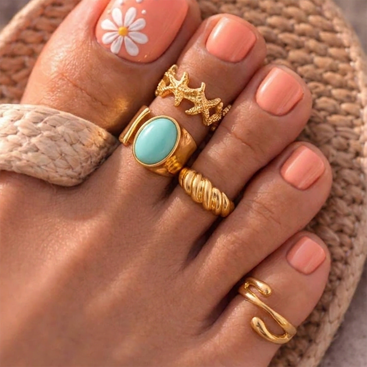Bohemian Alloy Star Shape Gemstone Inlay Open Toe Ring Set for Women